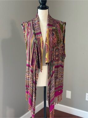 Hippie Artsy Boho Open Front Draped Fringe Vest with Vibrant Paisley Print